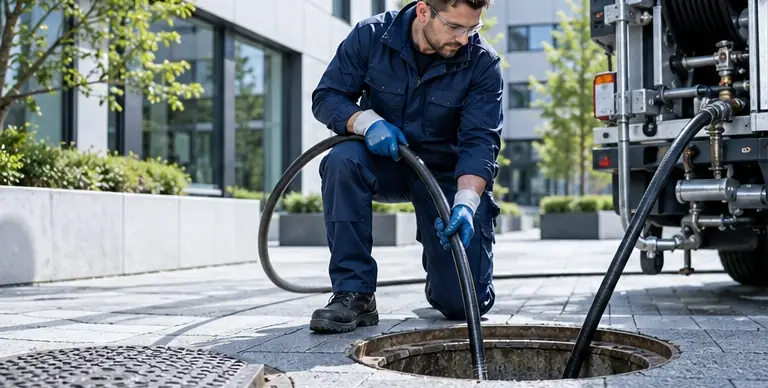 Techniker mit Spülschlauch am Kanalschacht, Hochdruckspülfahrzeug im Hintergrund